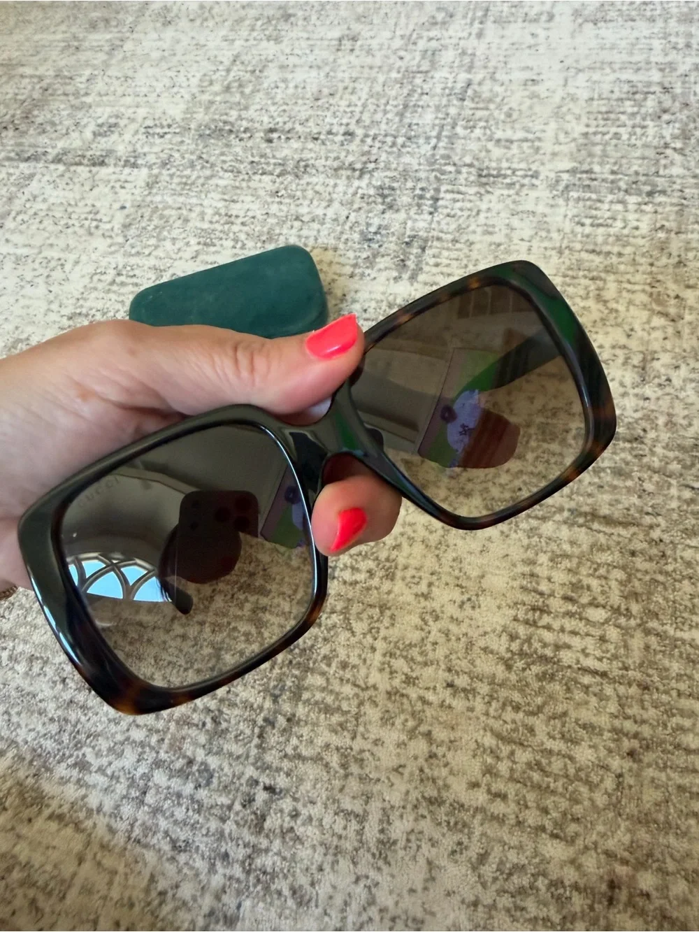 Gucci Oversized Brown Tortoise Square Sunglasses with Green Case